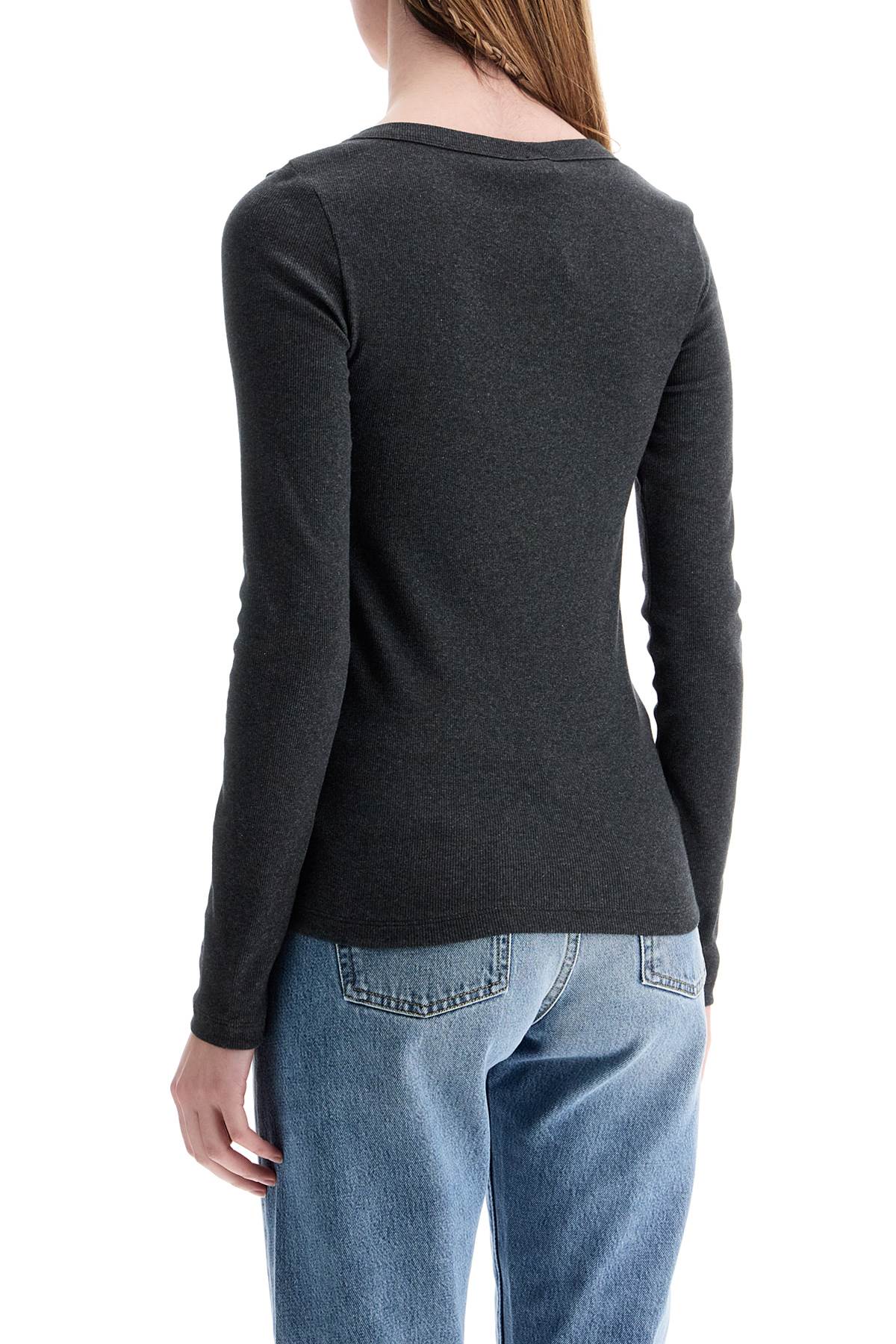 Organic Cotton Charcoal Melange Ribbed Top With Wide Neck  - Grey