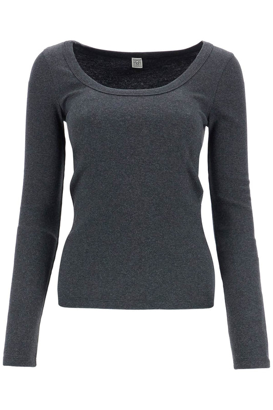 Organic Cotton Charcoal Melange Ribbed Top With Wide Neck  - Grey