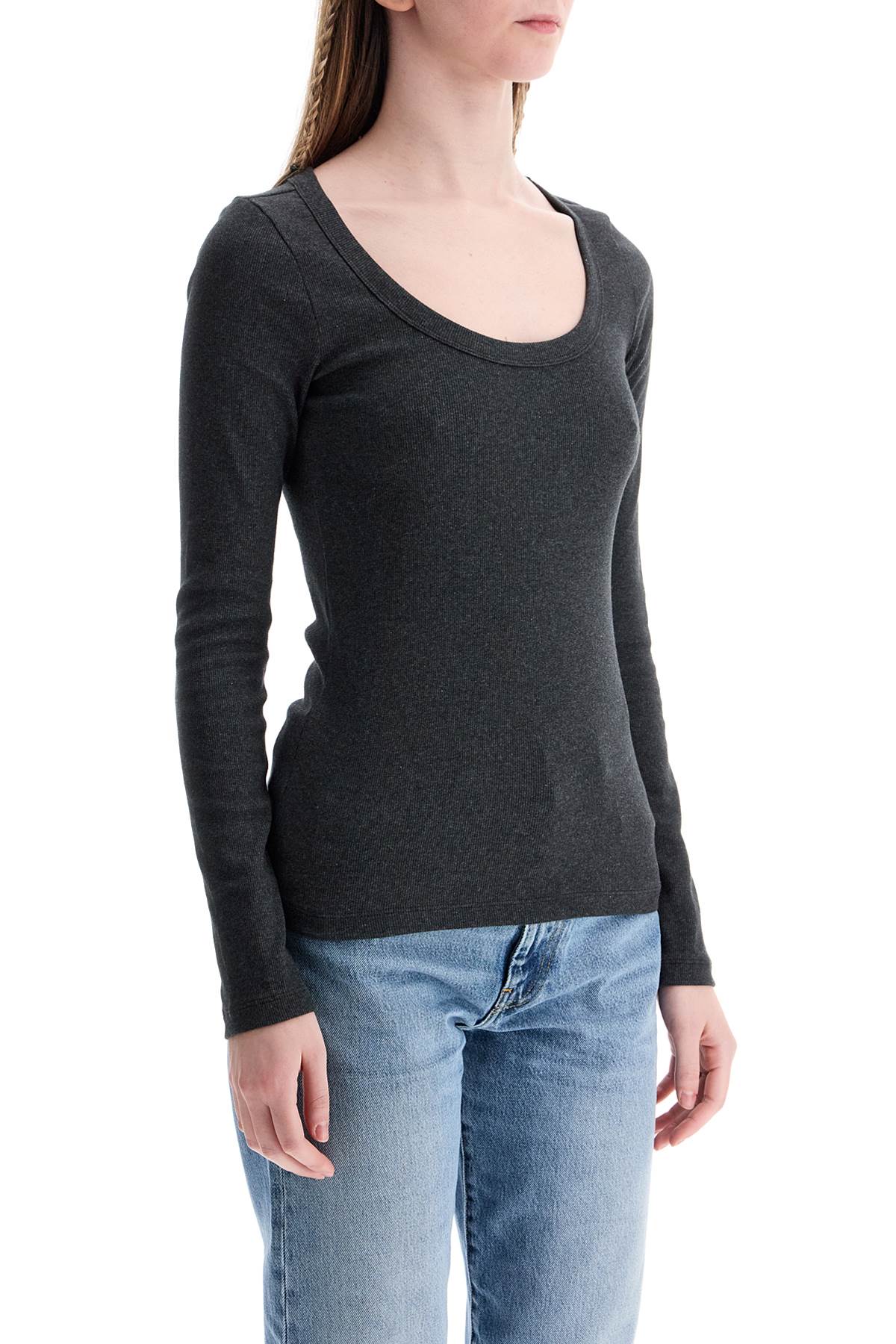 Organic Cotton Charcoal Melange Ribbed Top With Wide Neck  - Grey