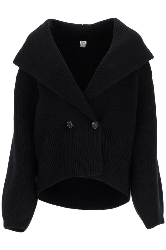 Black Wool Ribbed Cardigan With Shawl Collar  - Black