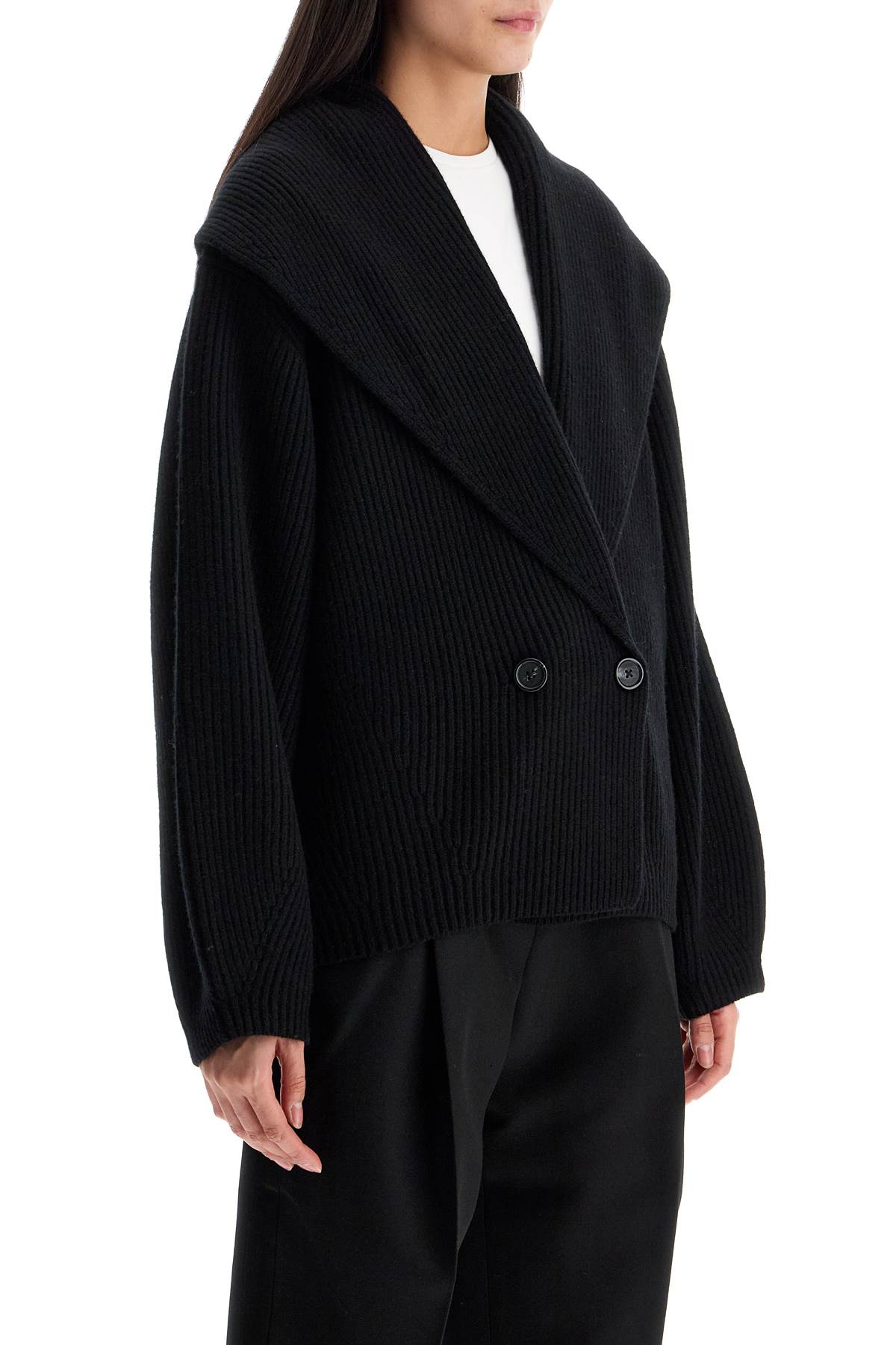 Black Wool Ribbed Cardigan With Shawl Collar  - Black