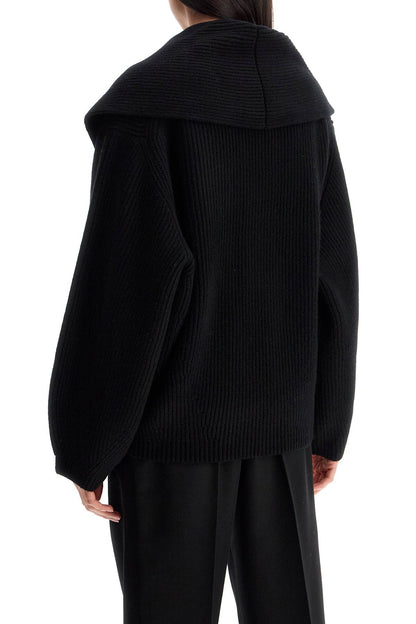 Black Wool Ribbed Cardigan With Shawl Collar  - Black