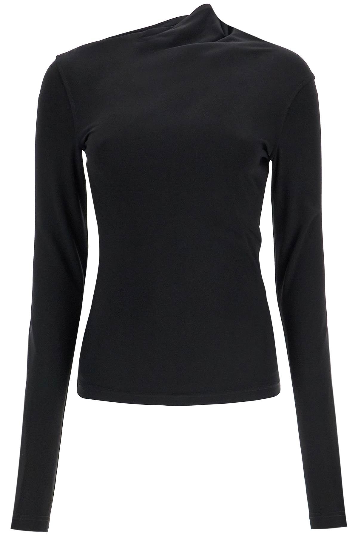 Black Draped Jersey Top With Long Sleeves And Wide Neck Slim Fit  - Black