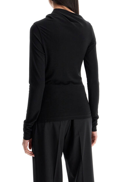 Black Draped Jersey Top With Long Sleeves And Wide Neck Slim Fit  - Black