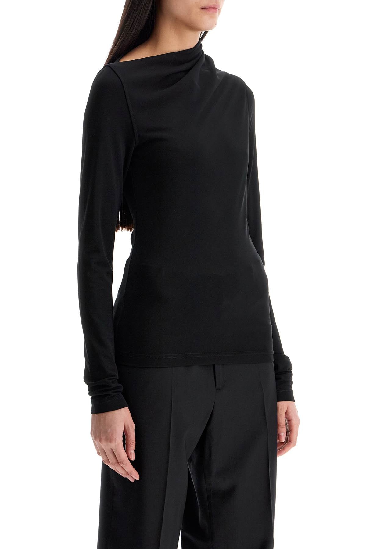 Black Draped Jersey Top With Long Sleeves And Wide Neck Slim Fit  - Black