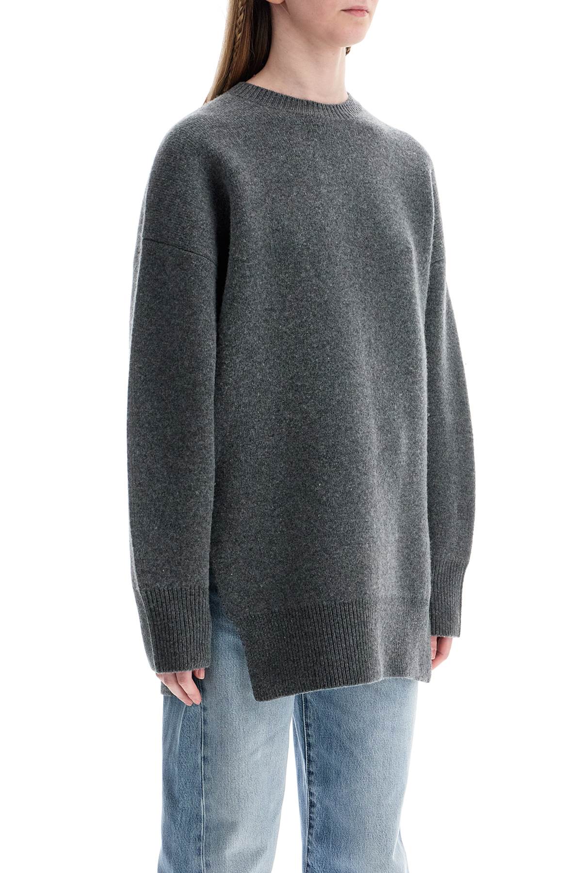 Gray Melange Wool And Cashmere Sweater With Wide Neck  - Grey