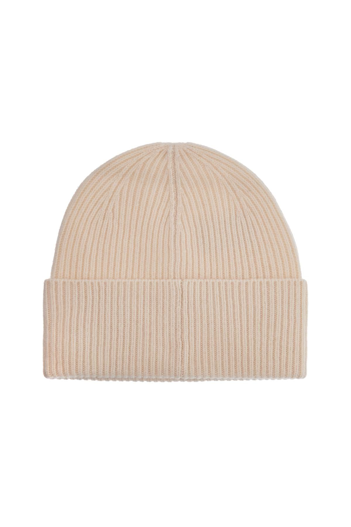 Beige Ribbed Wool Beanie With Embroidered Logo  - Beige