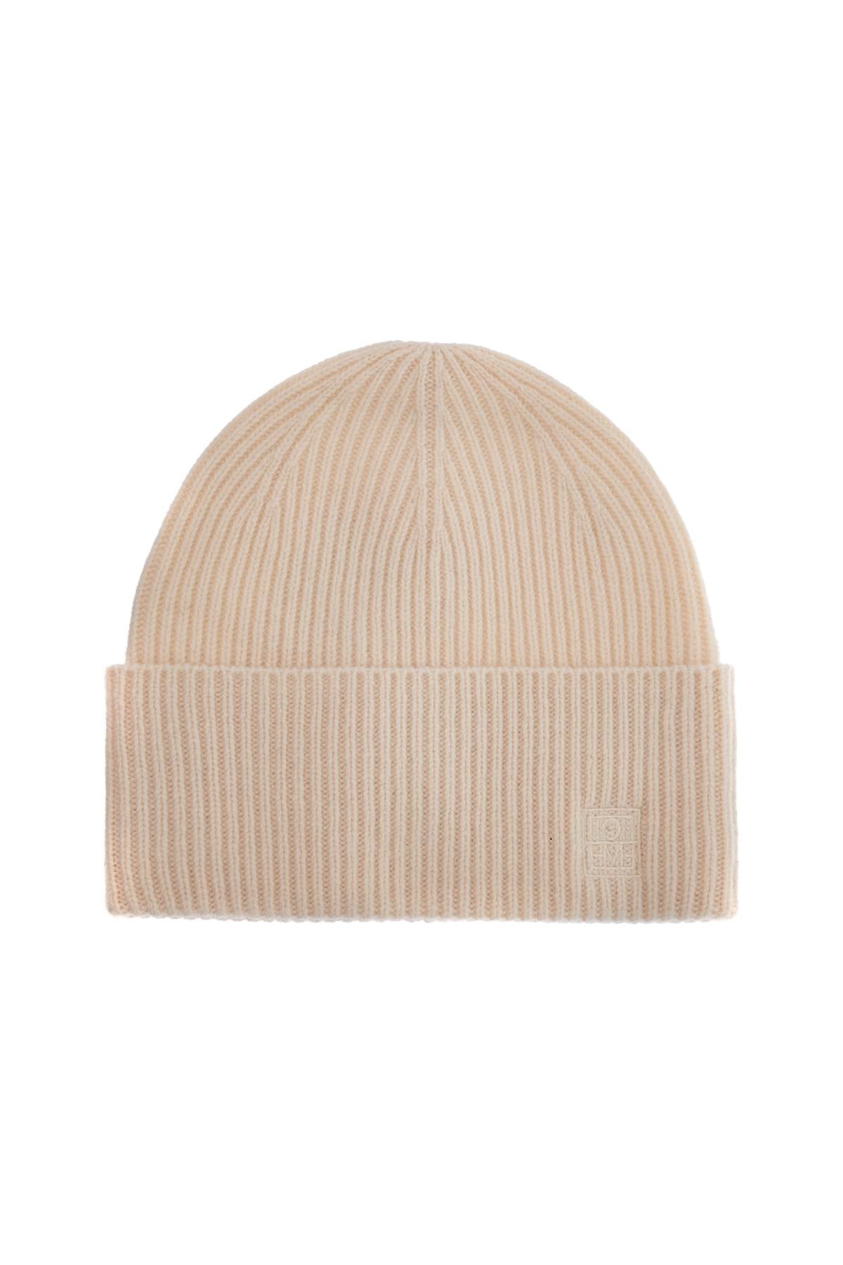 Beige Ribbed Wool Beanie With Embroidered Logo  - Beige