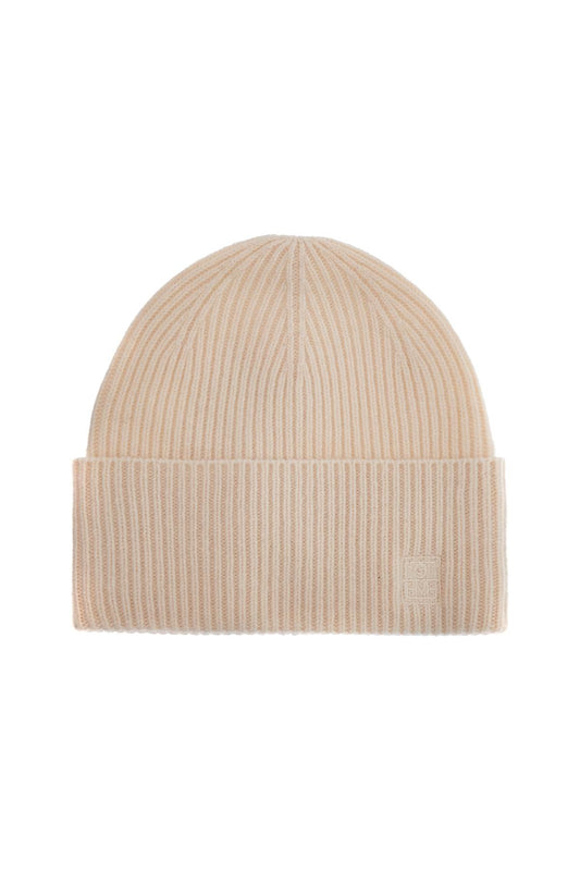 Beige Ribbed Wool Beanie With Embroidered Logo  - Beige