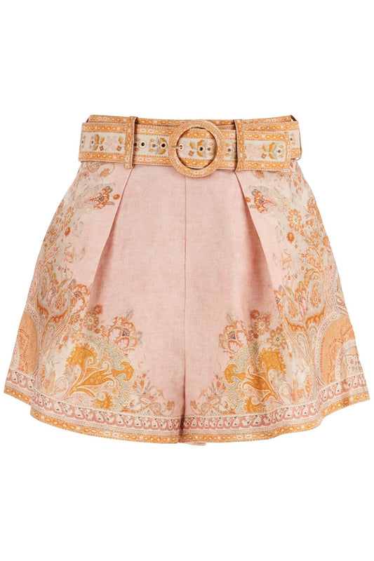 High-waisted Floral Cream Linen Shorts  - Beige