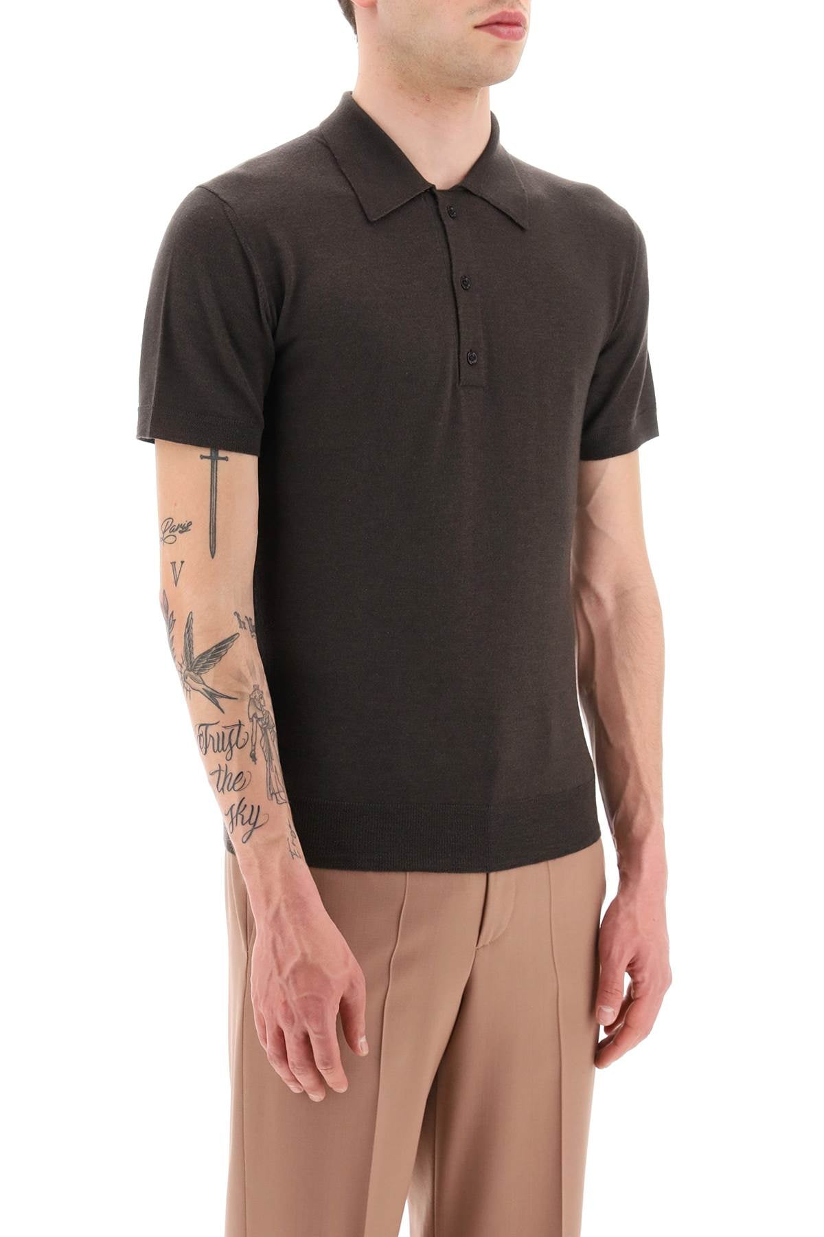 Cashmere And Silk Knit Polo Shirt  - Marrone