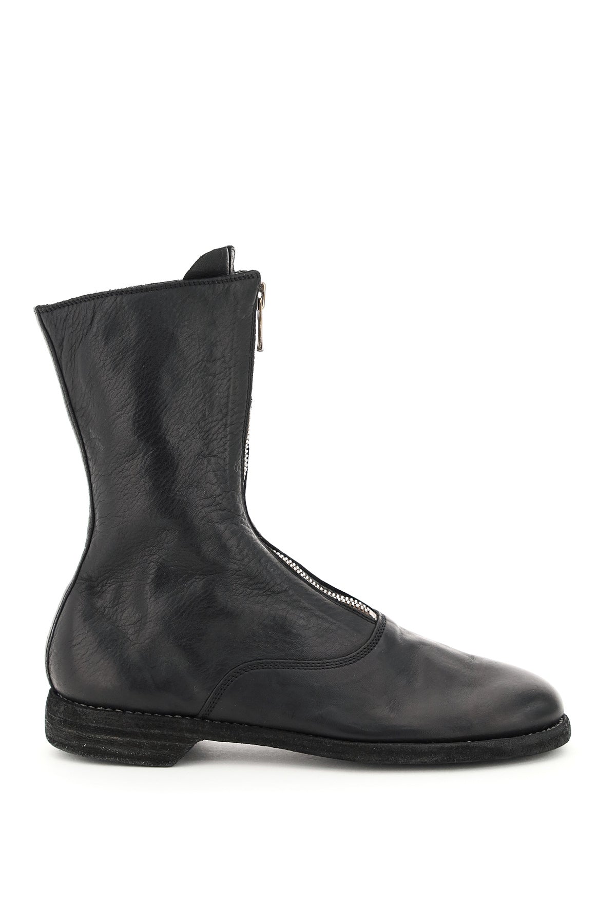 Front Zip Leather Ankle Boots  - Black