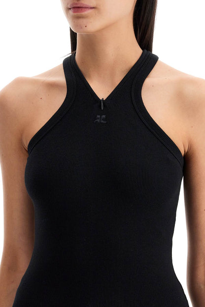 Ribbed Tank Top With Zipper On The Neckline  - Black