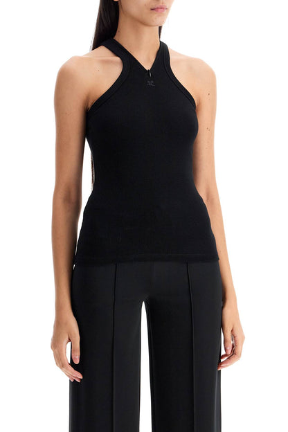 Ribbed Tank Top With Zipper On The Neckline  - Black