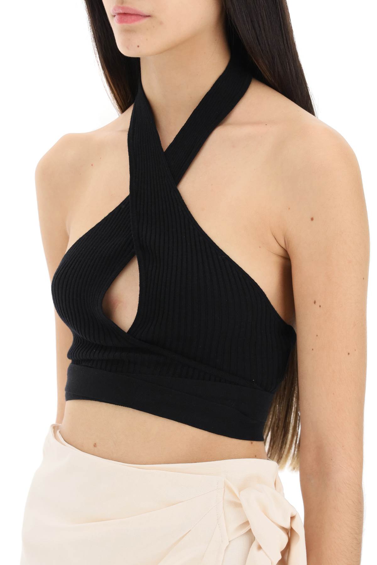 Ribbed Knit Top With Crossover Neckline  - Black