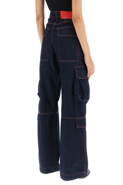 Cargo Jeans With Flared Cut  - Blu