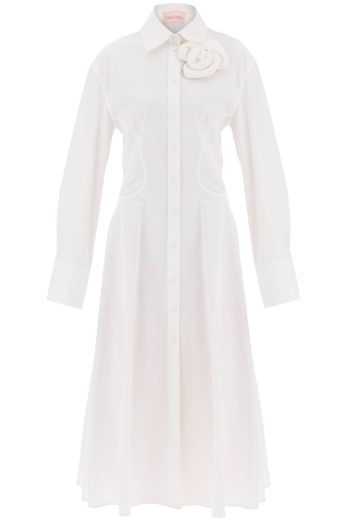 Compact Poplin Midi Dress With Rose  - White