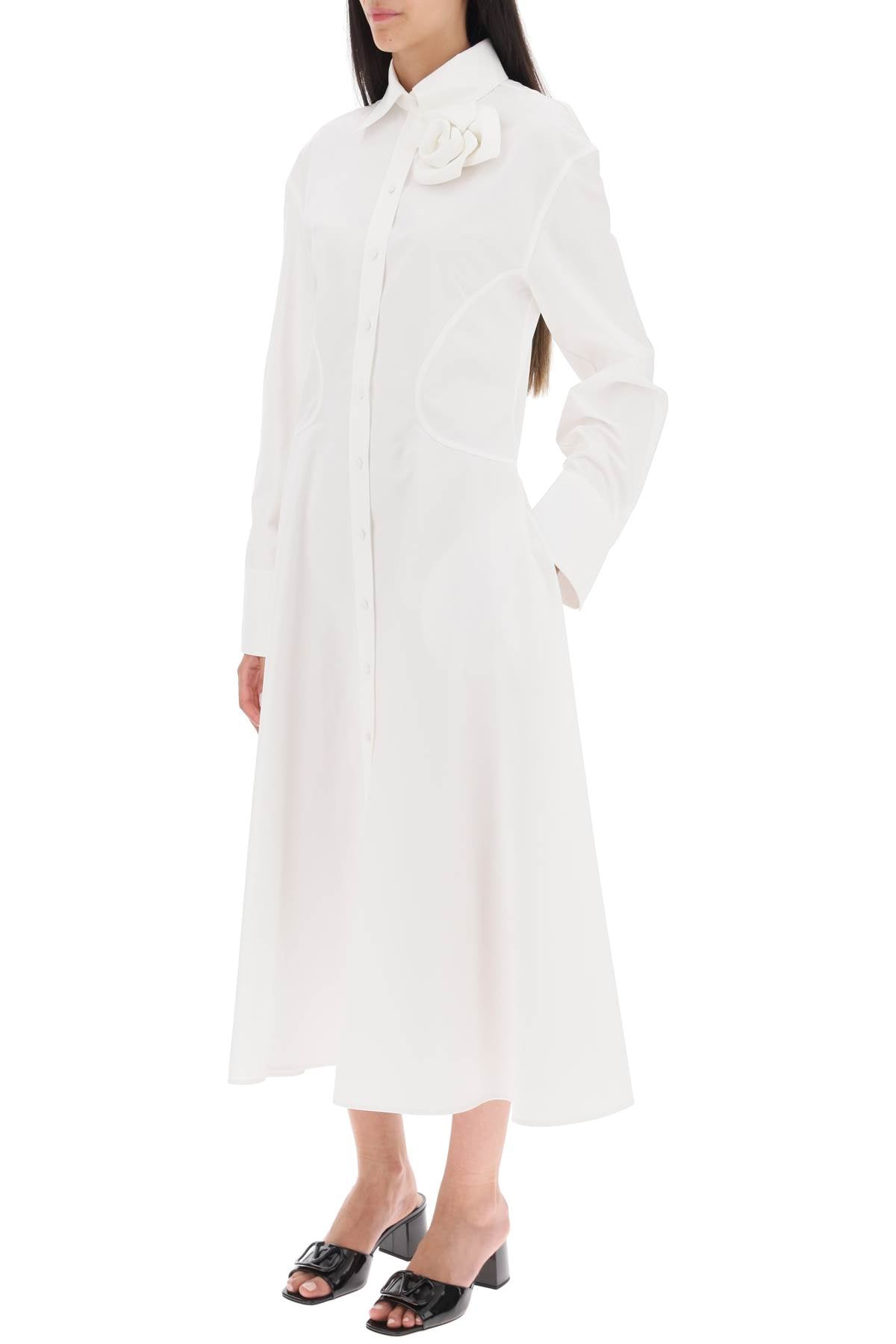 Compact Poplin Midi Dress With Rose  - White