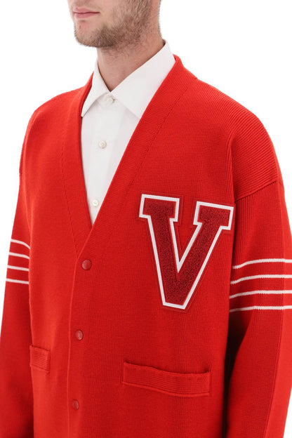 V Patch Wool Cardigan  - Rosso