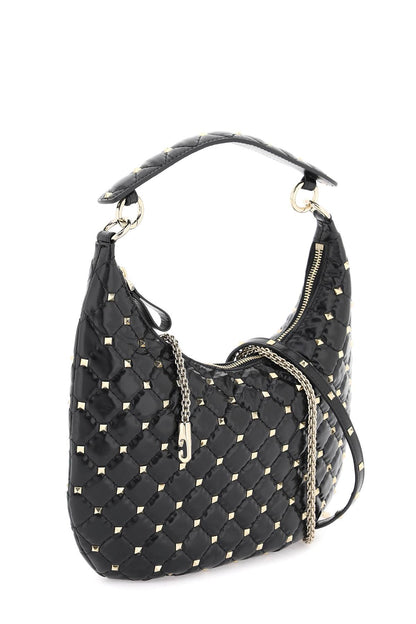 Small Leather 'rockstud Spike' Hobo Bag  - Black