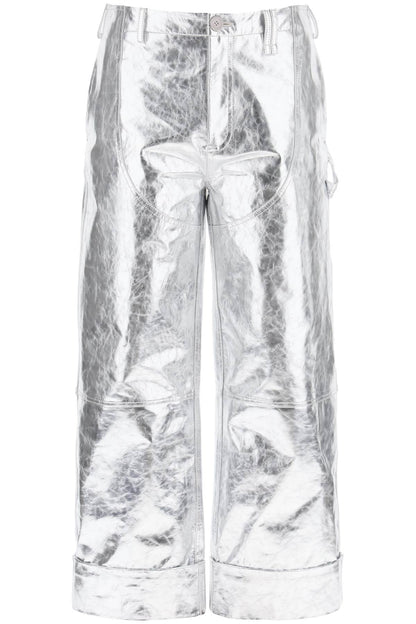 Laminated Leather Pants With Folded Hem  - Silver