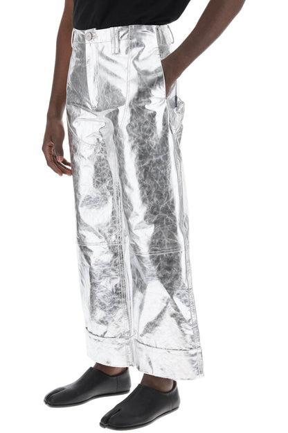 Laminated Leather Pants With Folded Hem  - Silver