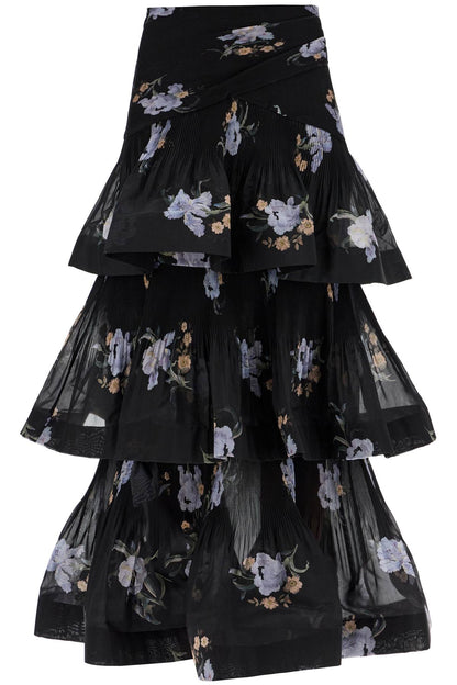 Pleated Ruffle Skirt With Floral Print  - Black