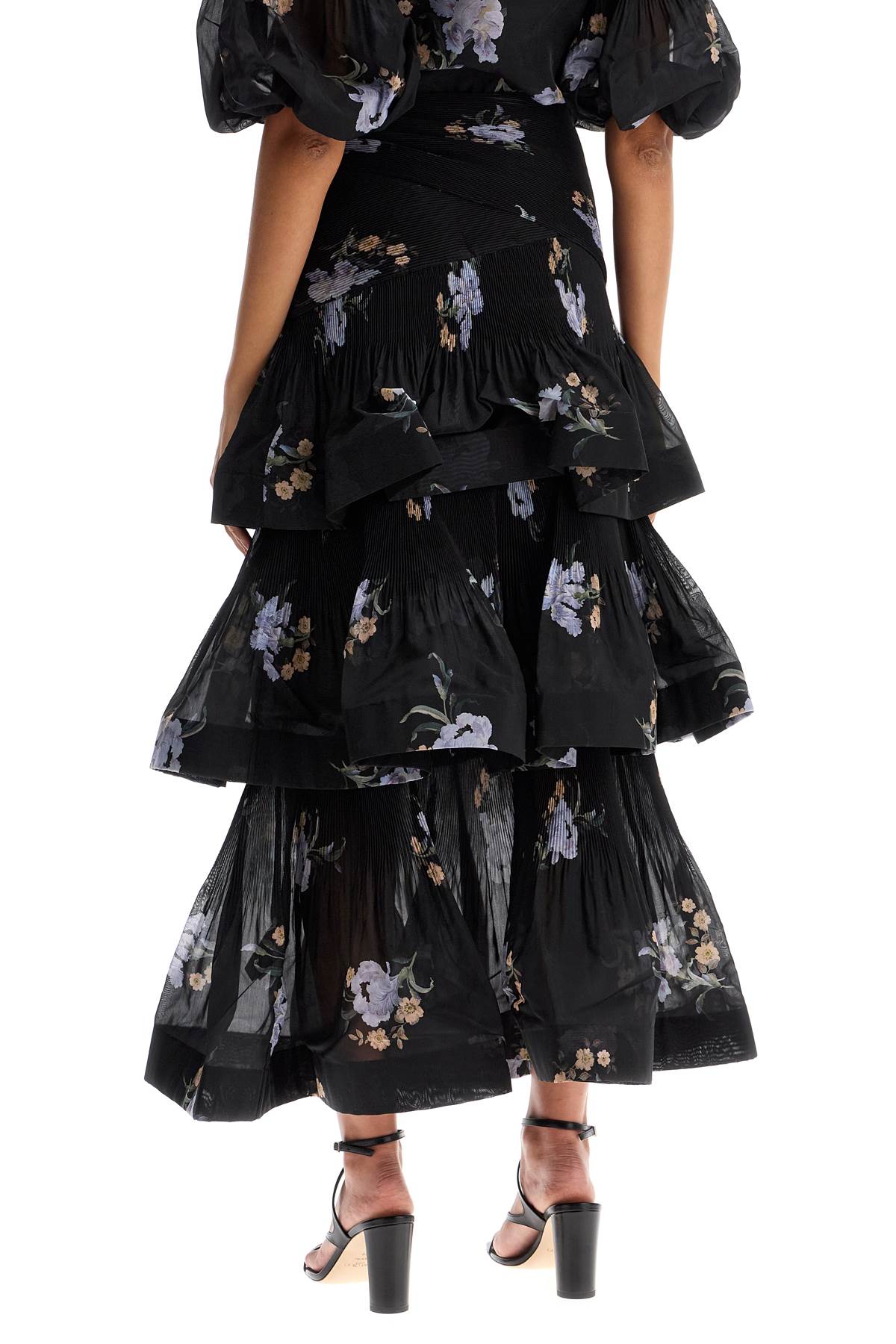 Pleated Ruffle Skirt With Floral Print  - Black