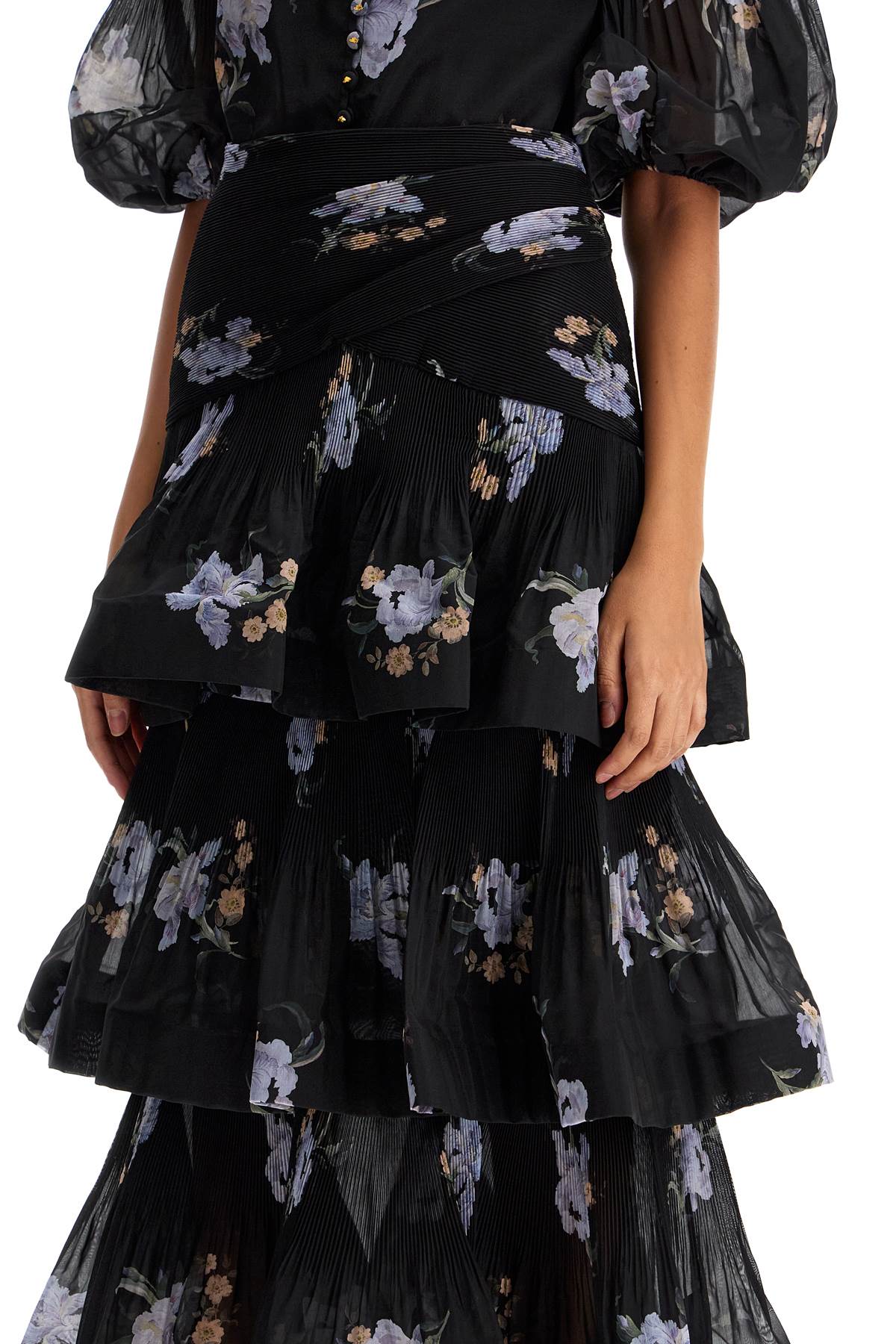 Pleated Ruffle Skirt With Floral Print  - Black