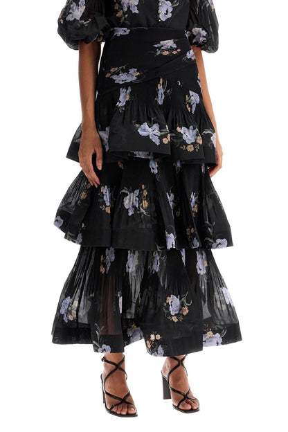 Pleated Ruffle Skirt With Floral Print  - Black