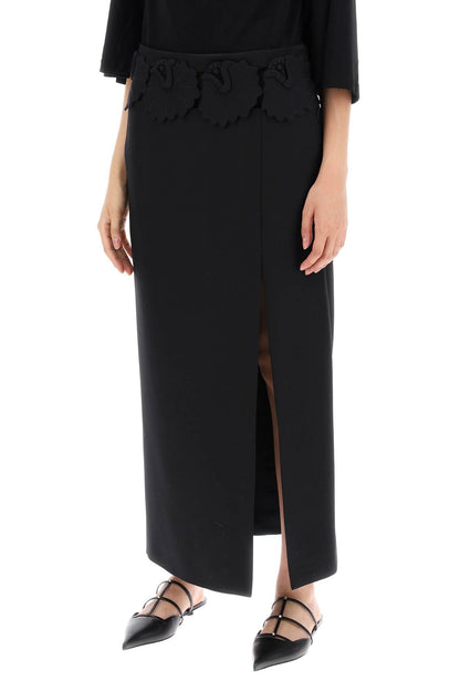 "mid-length Wool And Silk Skirt With Floral Appliqué  - Black