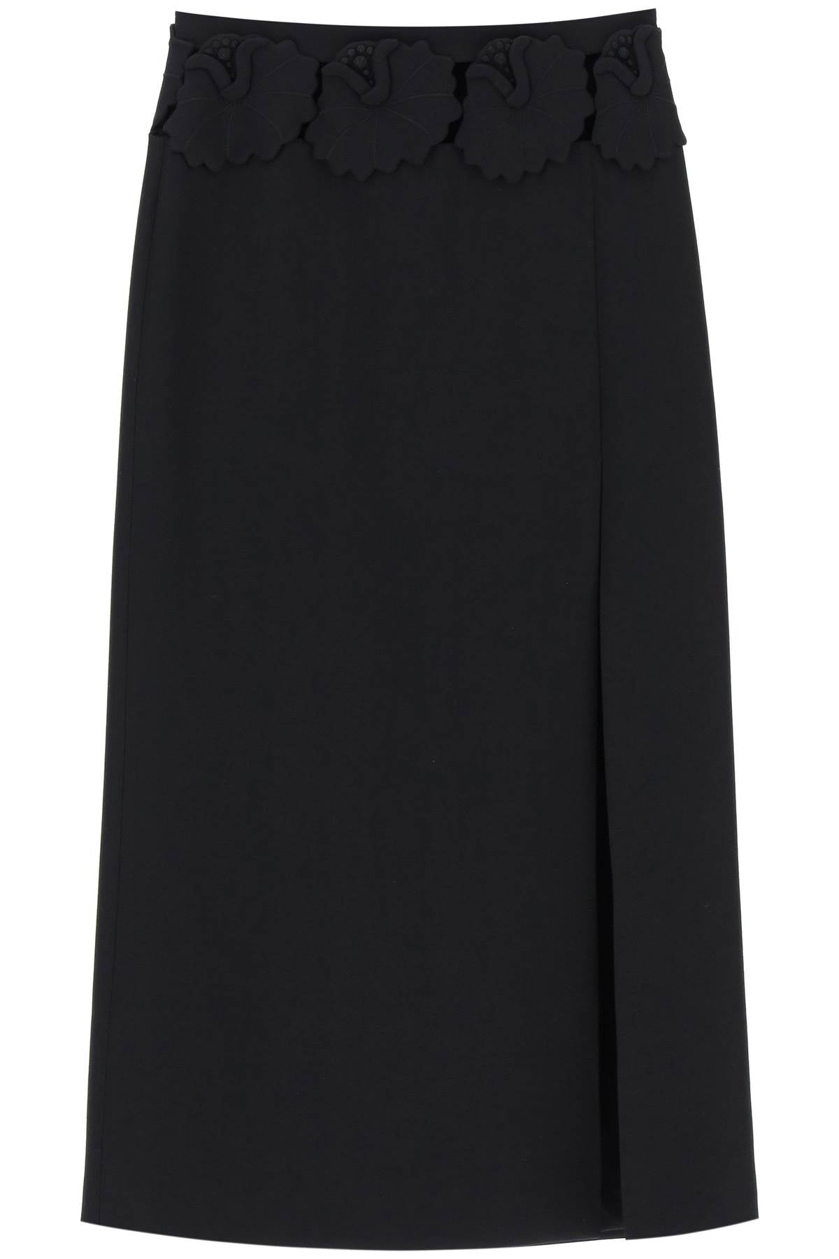 "mid-length Wool And Silk Skirt With Floral Appliqué  - Black