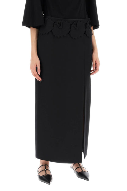 "mid-length Wool And Silk Skirt With Floral Appliqué  - Black