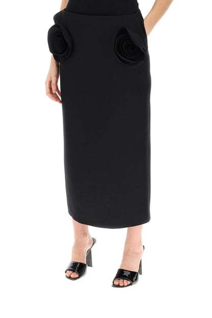 Crepe Couture Pencil Skirt With Rose Appliqués  - Black