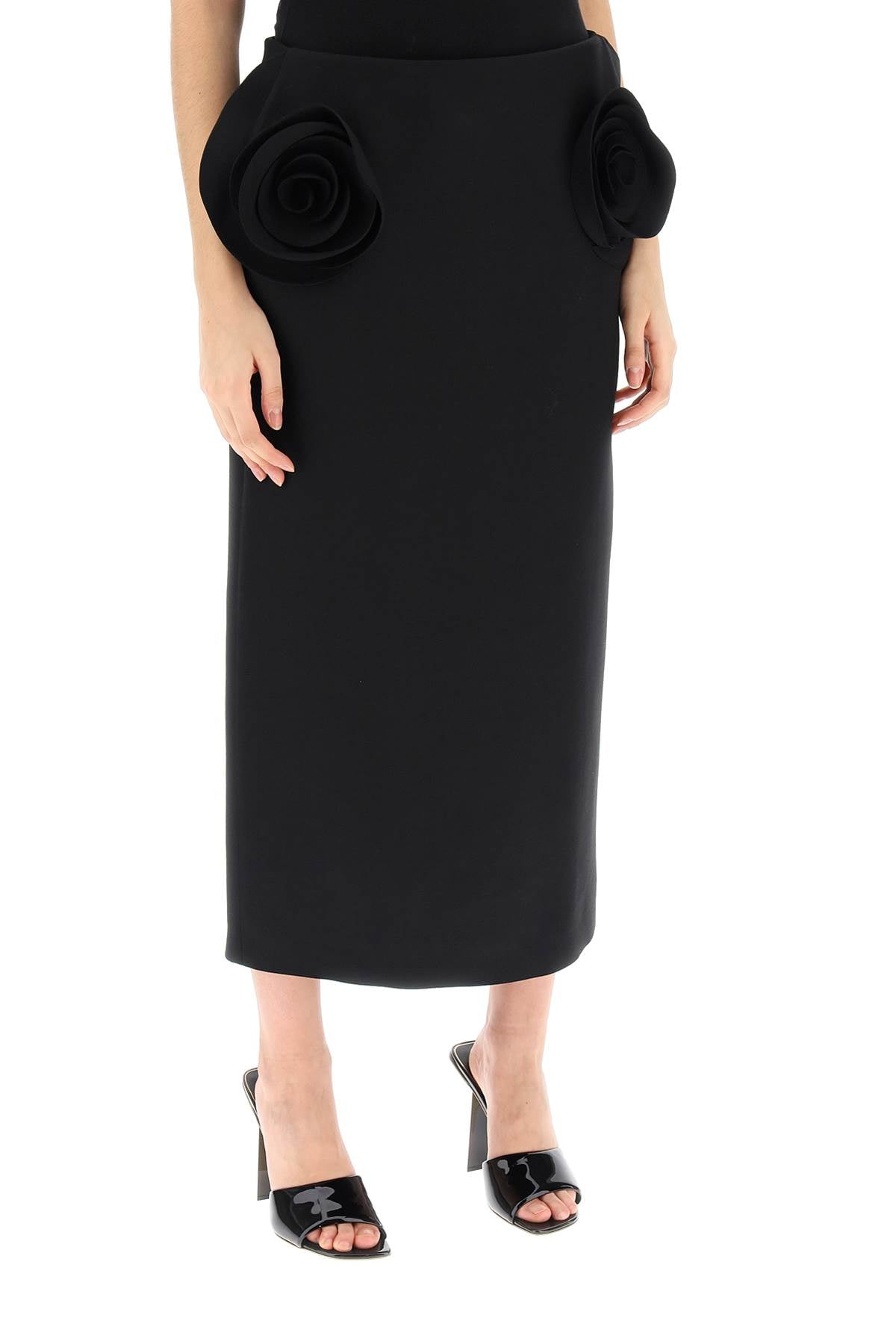 Crepe Couture Pencil Skirt With Rose Appliqués  - Black