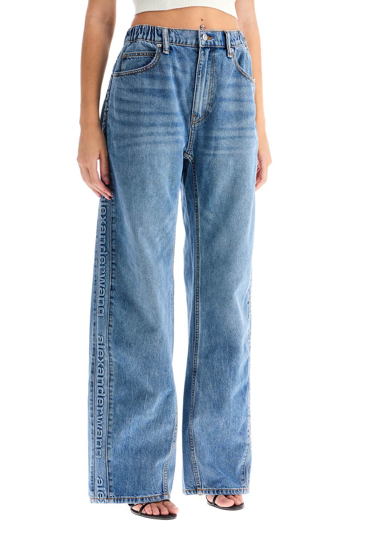 Wide Leg Jeans With Branded Stripes  - Blue