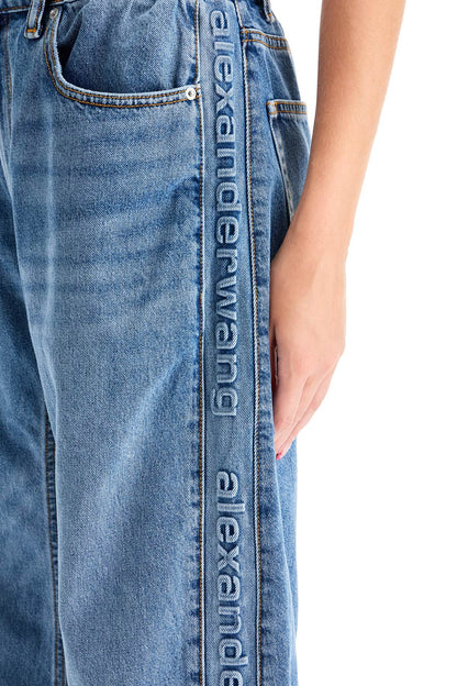 Wide Leg Jeans With Branded Stripes  - Blue