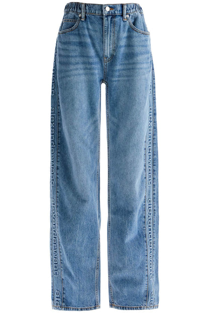 Wide Leg Jeans With Branded Stripes  - Blue