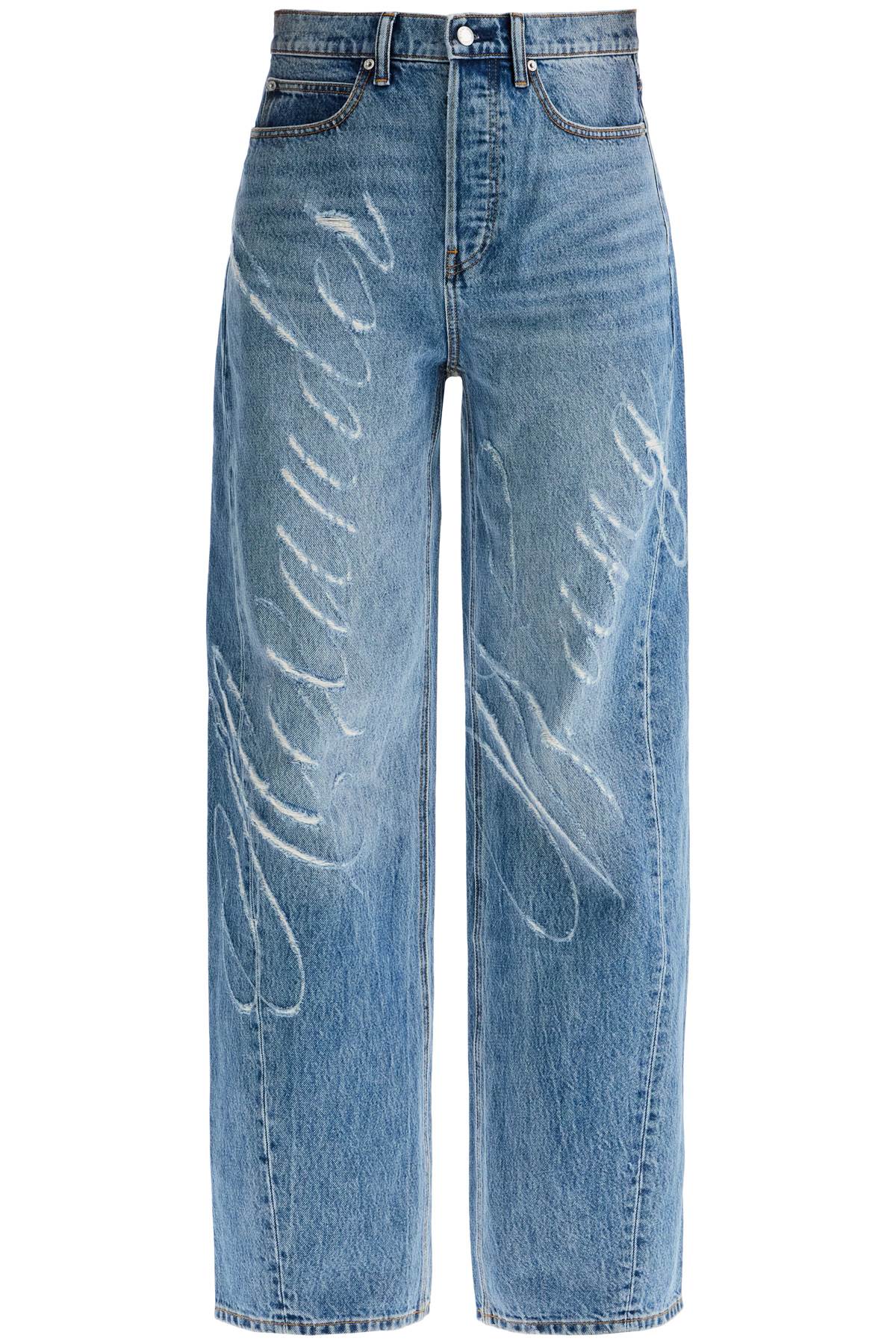 Distressed Jeans With Lettering Logo  - Light Blue