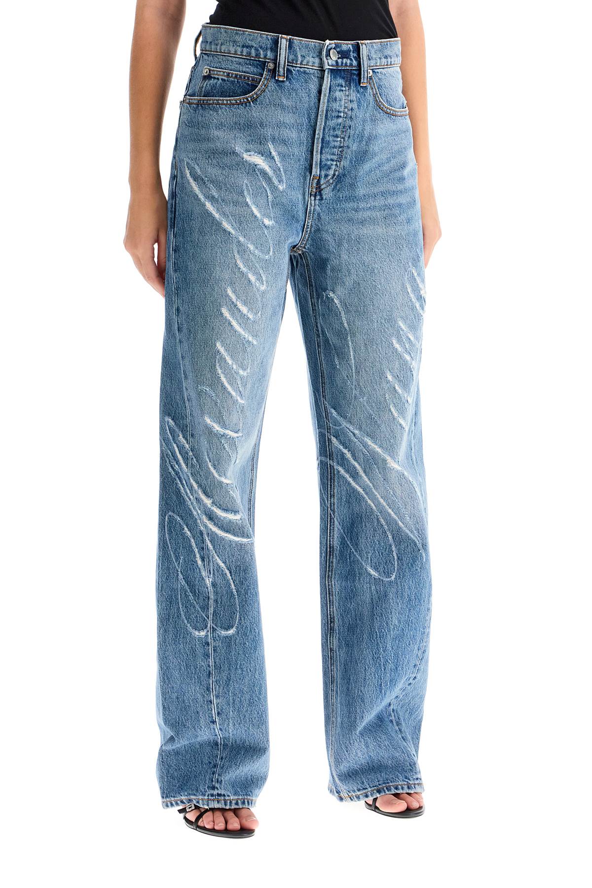 Distressed Jeans With Lettering Logo  - Light Blue