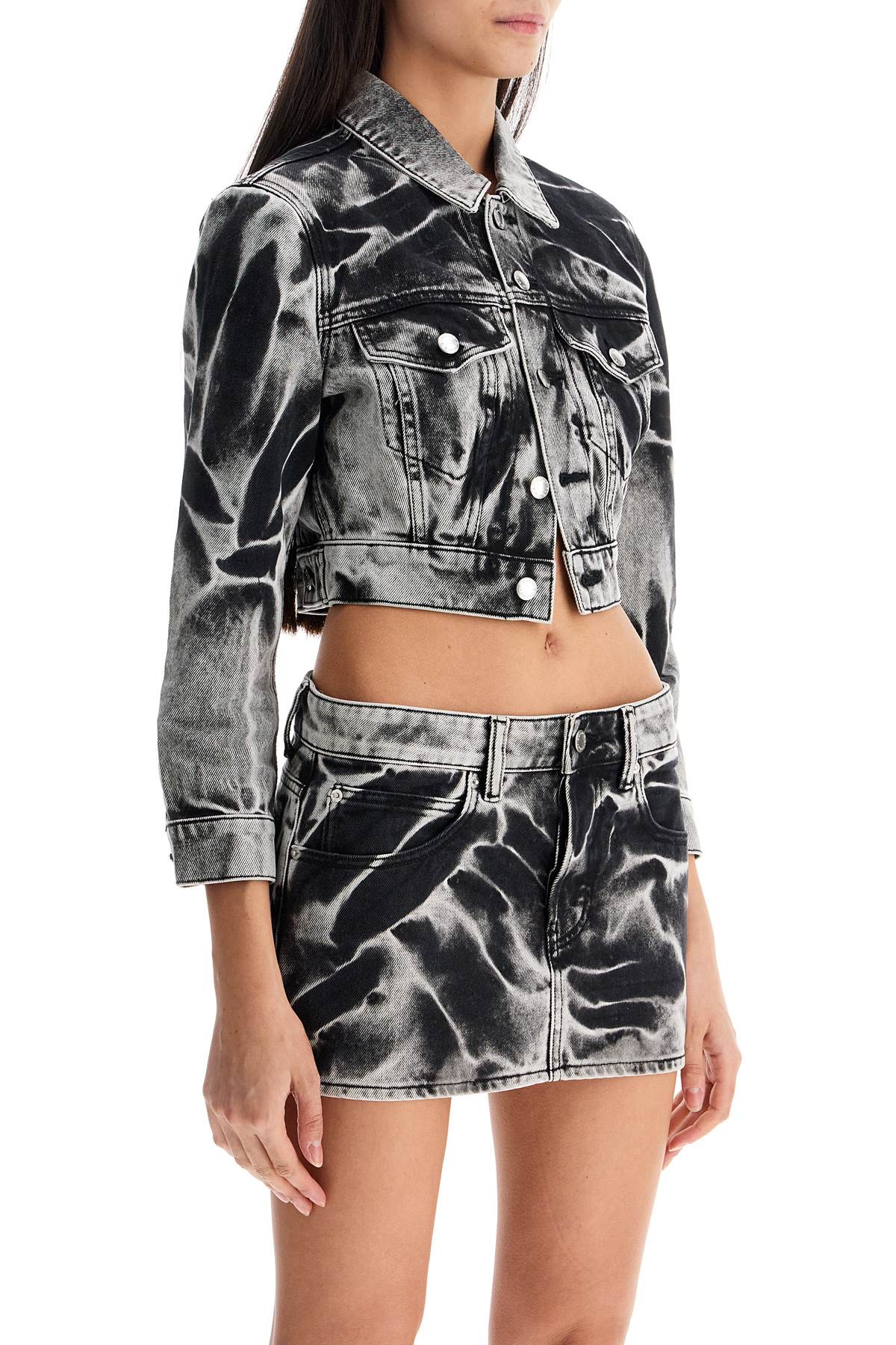 Cropped Denim Jacket With Acid Wash  - Black