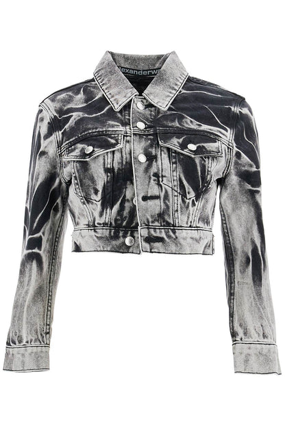 Cropped Denim Jacket With Acid Wash  - Black