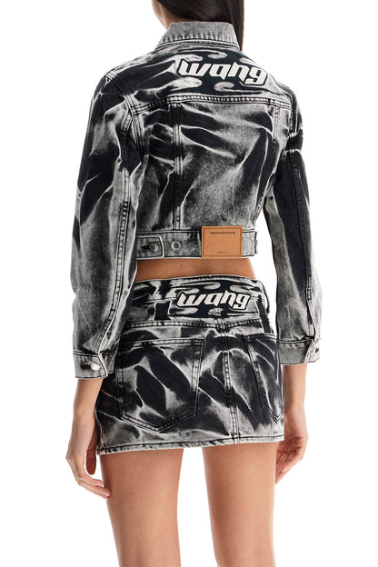 Cropped Denim Jacket With Acid Wash  - Black