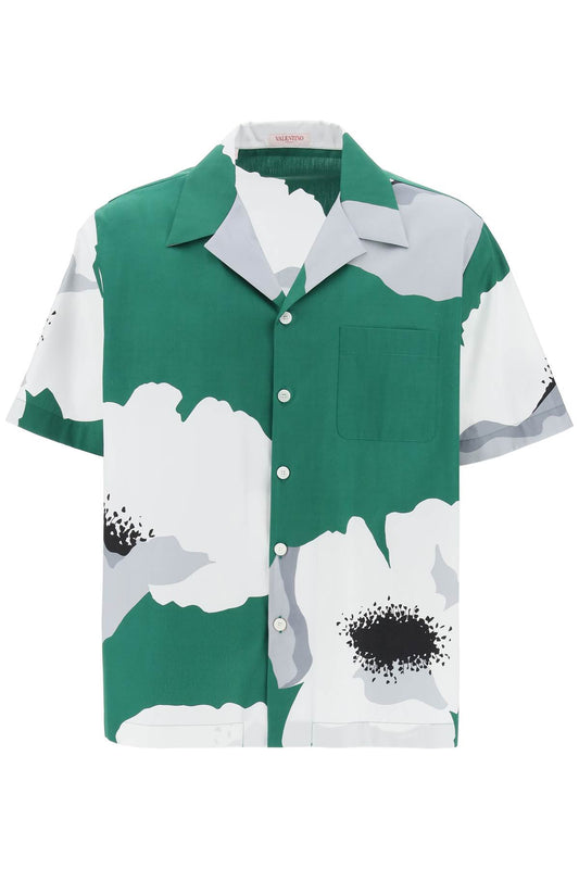 "flower Portrait Print Poplin Bowling Shirt"  - Green