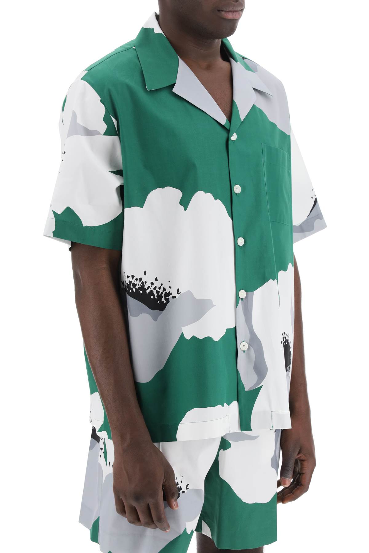 "flower Portrait Print Poplin Bowling Shirt"  - Green