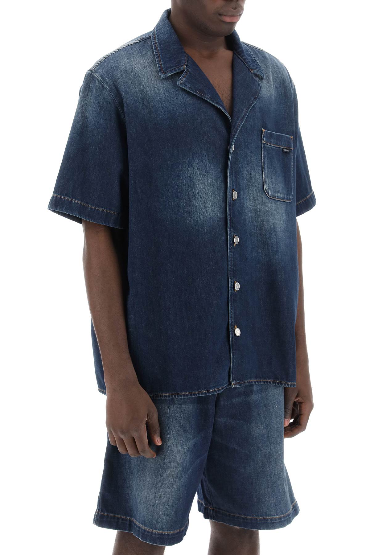 Denim Chambray Bowling Shirt  - Blue