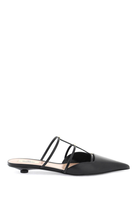 Smooth Leather Rockstud Wispy Mules  - Black