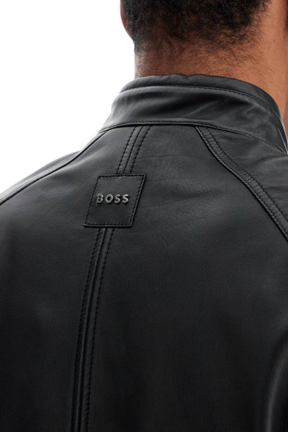 Black Leather Jacket With High Collar And Quilted Details  - Black