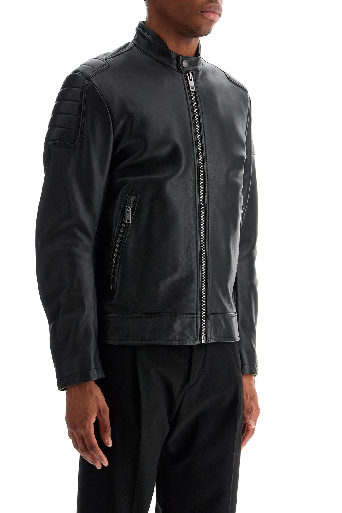 Black Leather Jacket With High Collar And Quilted Details  - Black