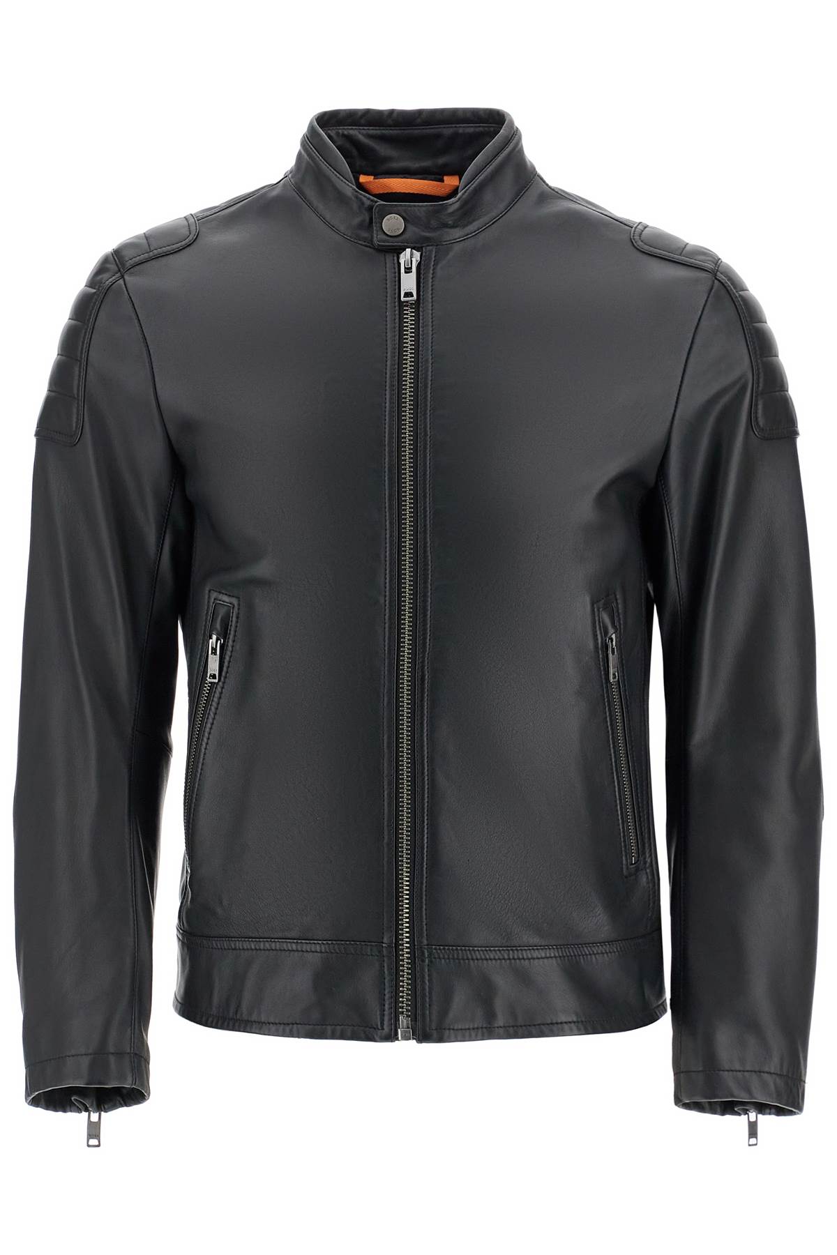 Black Leather Jacket With High Collar And Quilted Details  - Black